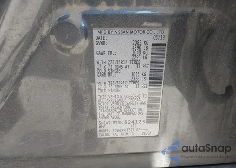 2019 Nissan Rogue S z USA, uszkodzony, nr VIN 5N1AT2MT2KC824123